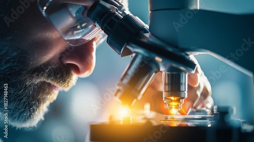 Scientist in safety glasses examining sample using a modern microscope