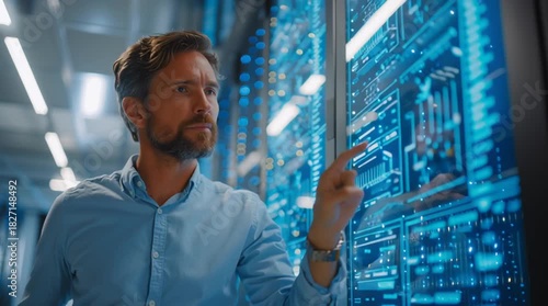 Man in server room touching digital interface with blue glowing elements