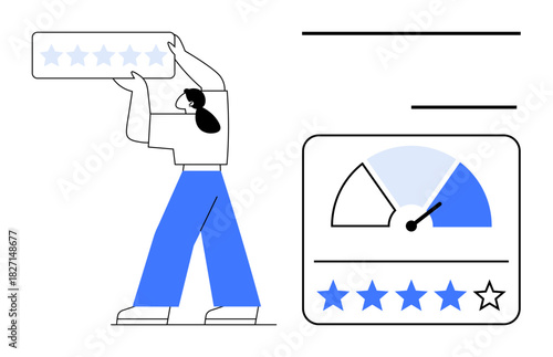 Customer review concept. Customer feedback by star ratings and performance gauge. Customer satisfaction analysis for business improvement, user experience, and market research. Key areas include