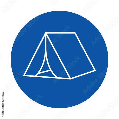Simple Line Art of a Tent Inside a Circular Blue Background Design