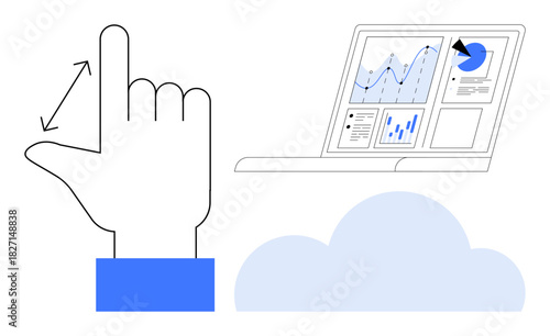 Hand performing zoom gesture next to a laptop with data graphs, pie chart, and analytics. Ideal for technology, data analysis, cloud computing, user interface, business growth, remote work simple