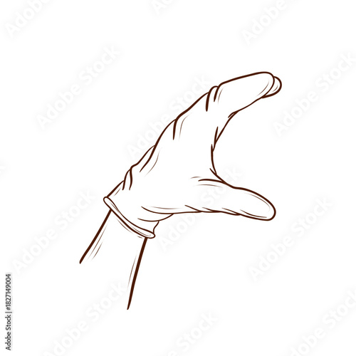 A hand in a latex glove, positioned as if holding a burger. Vector illustration in a line art style, brown lines, isolated on a white background. Suitable for menus, packaging, fast food, hygiene