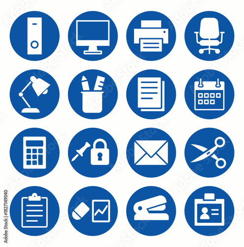 Office Supplies Icons Set in Round Blue Design for Business Use