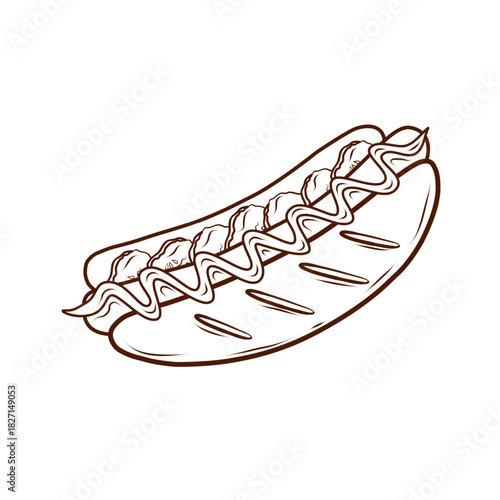 A hot dog with a sausage, bread bun, sauce, and toppings. Vector illustration in a line art style. Clean brown lines, isolated on a white background. Suitable for menus, packaging, fast food