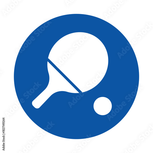 Simple Blue Icon of Table Tennis Racket and Ball on White Background