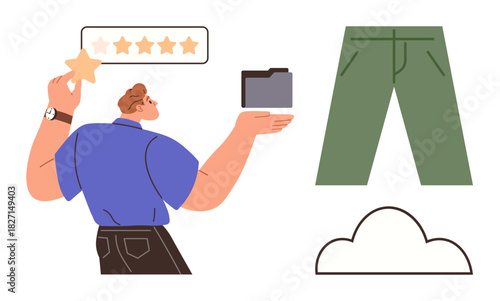 Man placing a star on a rating bar while holding a folder. Pants and cloud shape complement the composition. Ideal for customer feedback, organization, simplicity, ranking, clothing, digital storage