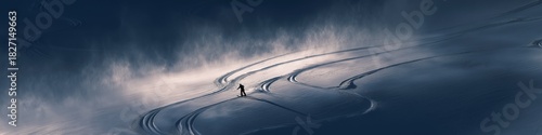 Freeride skiing. Two skiers descending a snowy mountain, kicking up powder snow and leaving tracks