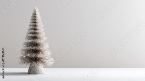 A minimalist miniature Christmas tree in Scandinavian style, featuring soft diffused lighting and high-detail textures on a clean white background.