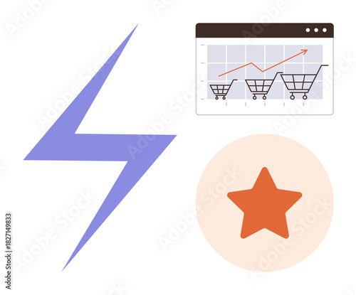 Lightning bolt, cart chart showing growth, and quality star symbolizing fast e-commerce, excellence, and analytics. Ideal for business, growth, speed, quality marketplace marketing simple flat
