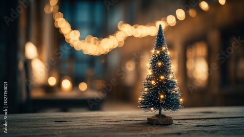 A small decorative Christmas tree with warm glowing lights sits on a wooden table, creating a cozy festive atmosphere with cinematic lighting and soft bokeh.