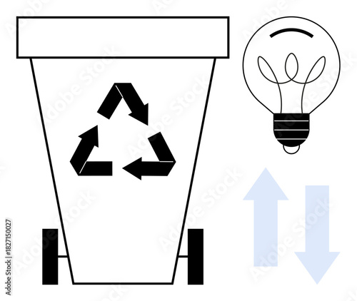 Recycling bin with reduce-reuse-recycle symbol, lightbulb representing energy efficiency, and directional arrows for sustainability. Ideal for environment, energy, waste management, conservation