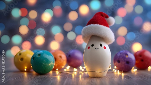 Snowman wearing Santa hat for festive Christmas  bowling scene with illuminated pins and holiday decorations on a colorful bokeh blur background
