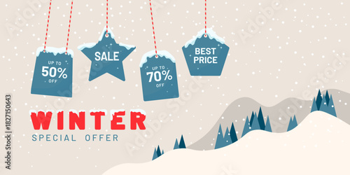 Winter sale background with hanging discount tags, snowy landscape and promotional messages. Ideal for holiday marketing, retail advertising, special offers, seasonal banners and shopping promotions.