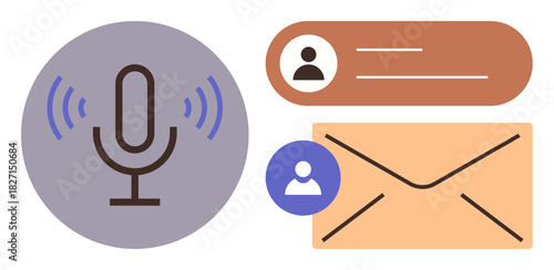 Microphone symbol, profile avatar, and envelope showcasing communication elements. Ideal for networking, messaging, user profiles, voice input, technology, digital interaction simple flat metaphor