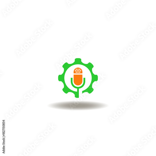 Vector illustration of gear wheel with microphone. Icon of voice recognition identification. Symbol of voice id technology.