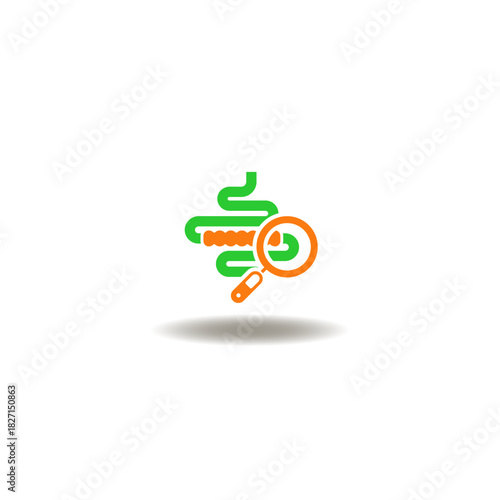 Vector illustration of intestine and magnifier exam health. Symbol of guts health. Icon of bowel treatment.