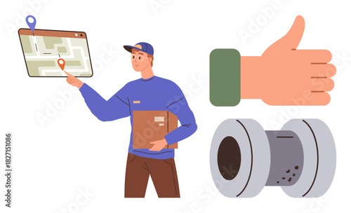 Courier pointing to map with location pins while holding package, thumbs-up gesture, parcel cutout. Ideal for logistics, delivery, e-commerce, navigation, customer service, approval simple flat