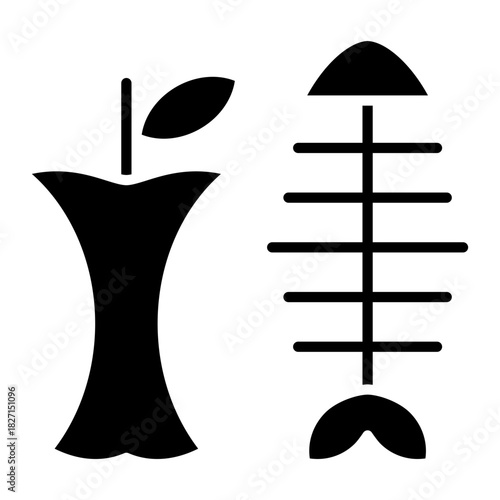 Organic waste, apple core, fish bone glyph solid icon
