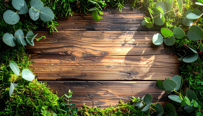 Natural wooden background with green moss and eucalyptus leaves, an ideal setting for nature-themed projects