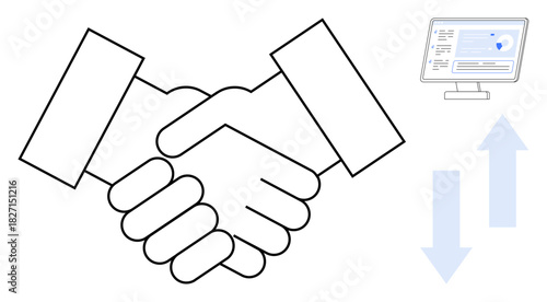 Handshake representing partnership, monitor with data, and arrows indicating growth dynamics. Ideal for collaboration, teamwork, agreement, data exchange, business growth, digital strategy