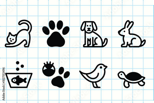 Collection of cute doodle style pet icons on a grid background