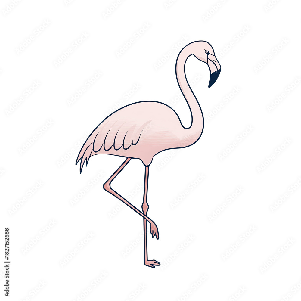 Fototapeta premium Pink Flamingo Standing on One Leg Against a Transparent Black Background Detailed Feather Texture and Elegant Curve of Neck Minimalist Design