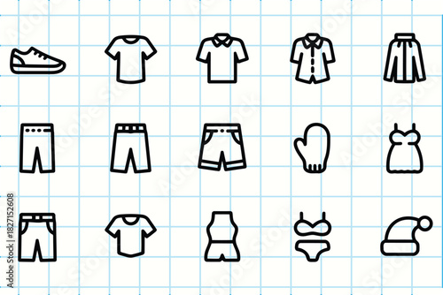 Doodle icons of various clothing items and accessories on lined paper