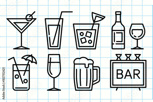 Collection of hand drawn doodle style bar and drink icons