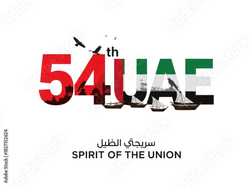 Official graphic design celebrating the 54th uae national day featuring the text 54th uae with the flag colors, dhow boats, and birds, isolated on white background