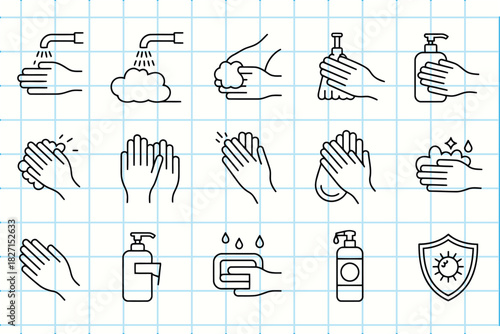 Doodle style icons illustrating hand washing and hygiene steps