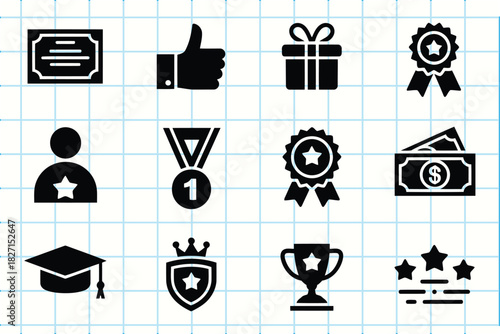 Collection of doodle icons representing achievement and success