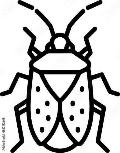 A simple black and white line art icon depicting a bug, possibly a shield bug or stink bug, with distinct body segments and antennae isolated on transparent background