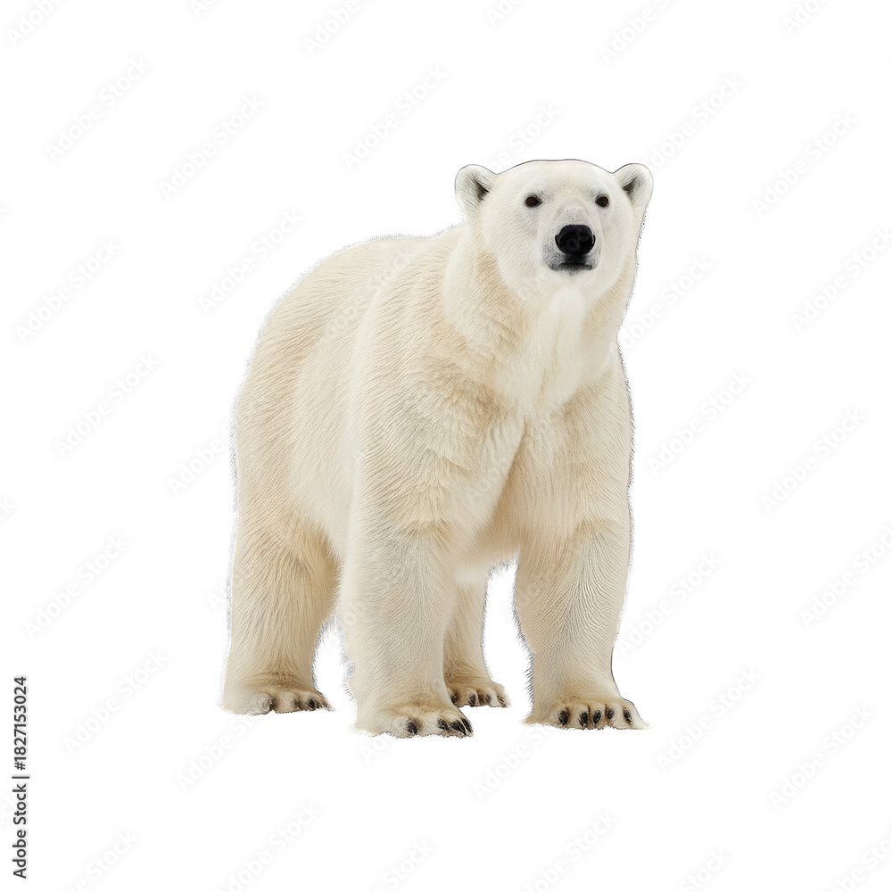 Fototapeta premium Polar Bear Standing Isolated on Black Background Realistic Fur Texture White Animal Full Body Shot Natural Habitat Arctic Wildlife