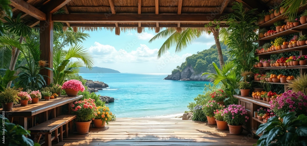 Obraz premium Open air flower stall overlooks calm turquoise sea and green island hills. Potted plants line shelves and wooden tables outside tropical resort. Sunny day blue sky over ocean.