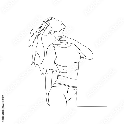 Minimalist continuous line drawing of a woman lifting her neck in a graceful pose