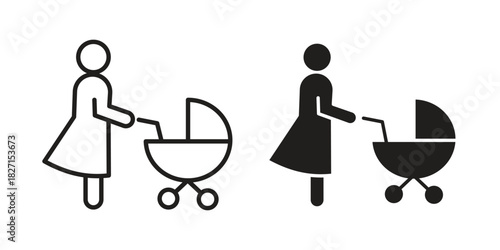 Woman with Baby Stroller icons design, logo. Symbol illustration set