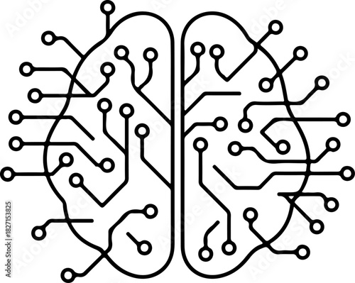 Human brain rendered as a circuit board, symbolizing artificial intelligence, technology, machine learning, and intellect isolated on transparent background