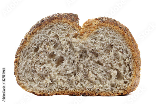 Fresh baked, slice of integral buckwheat bread isolated on white, side view
