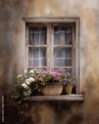A rustic window with potted flowers, in an old French village, in the soft light of the early morning, with soft pastel colors and detailed textures, in a digital art style.
