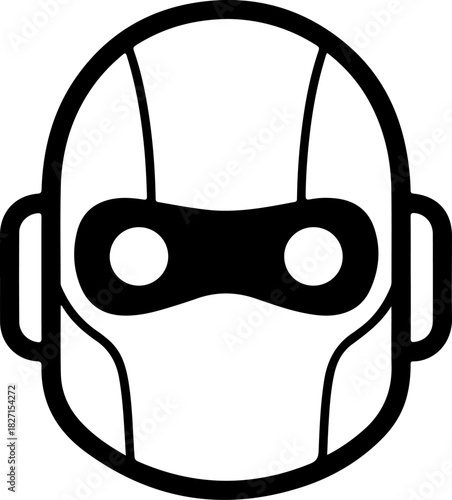 Black and white line art icon of a robot or superhero head, with bold outlines and masked eyes, symbolizing technology, ai, and futuristic concepts isolated on transparent background