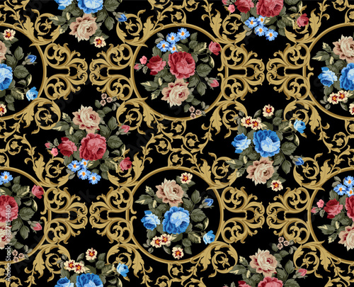 seamless flowers and baroque pattern. Hand draw textile pattern. 