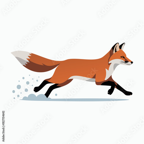 A vibrant red fox with a white belly and tail tip is depicted in a dynamic running pose, kicking up snow or dust.