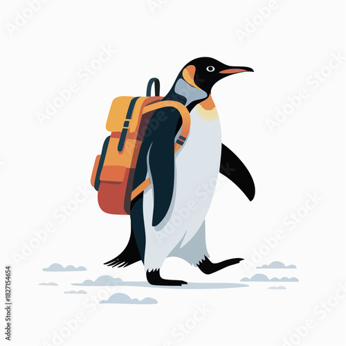A cartoon illustration of a king penguin wearing an orange backpack, walking on a snowy path.