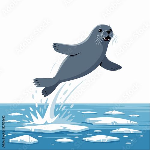 A happy grey seal jumping out of the blue water with ice floes, creating a splash.