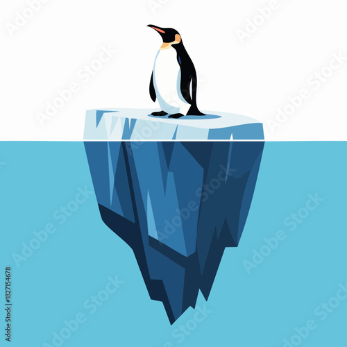 A solitary emperor penguin stands on a floating iceberg, with most of the ice submerged in blue water.