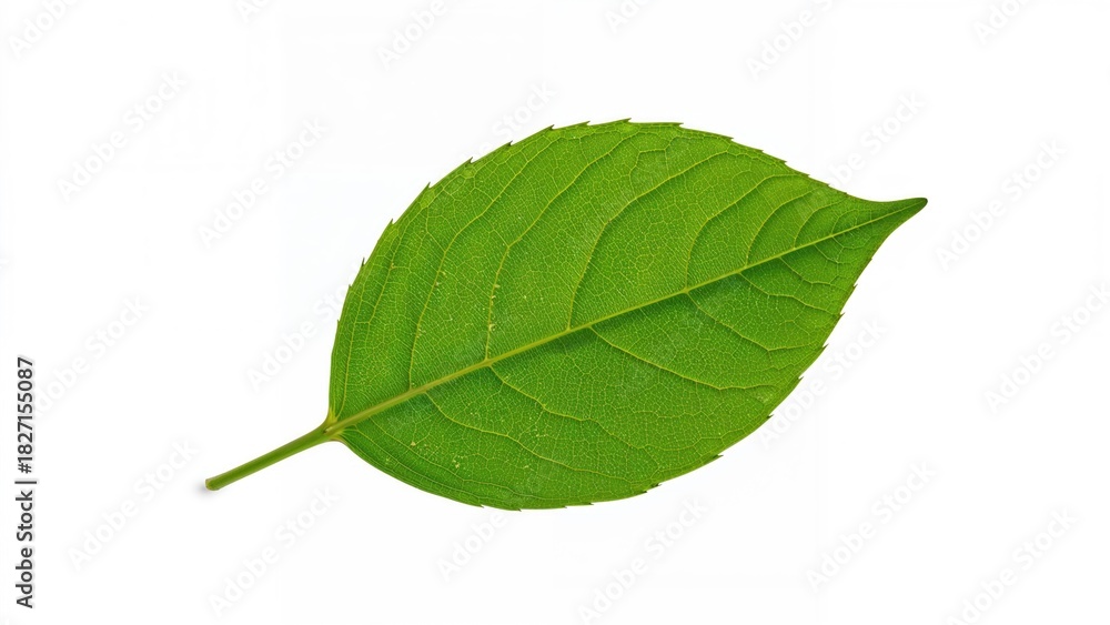 Obraz premium Green leaf with detailed veins and serrated edges on a plain white background.