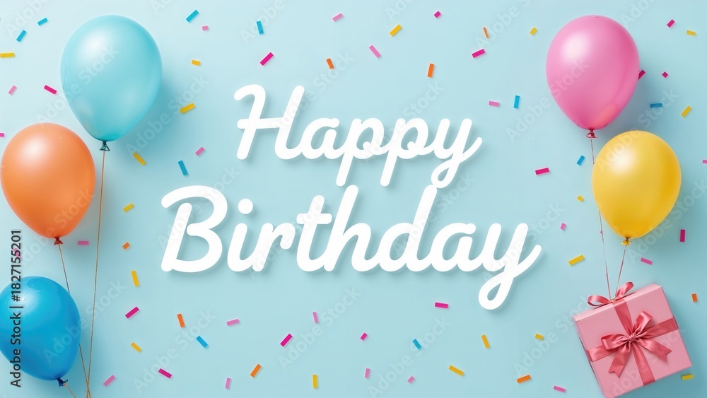 Fototapeta premium Colorful balloons and confetti surround a pink gift box, with the text