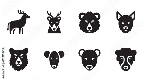 Animal Face Icon Set: Deer, Bear, Koala, Dog Isolated on White Background