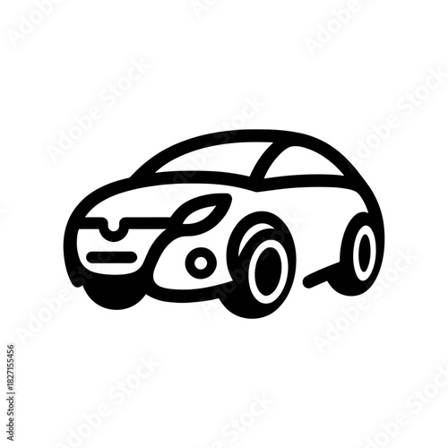 A stylized black and white line art icon of a modern compact car on a white background.
