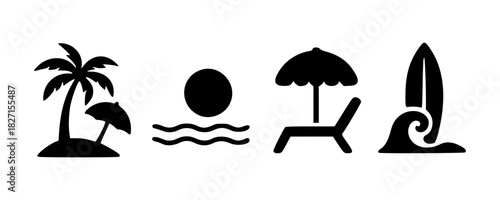 Beach vacation icons silhouette set